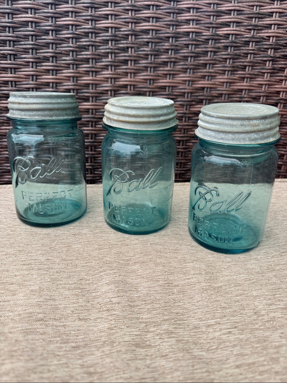 3 antique Pint Ball Perfect Aqua Blue Mason Jars with Zinc Porcelain Lids